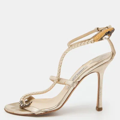Pre-owned Jimmy Choo Metallic Gold Leather Leather Snake Embossed Ankle Strap Sandals Size 38