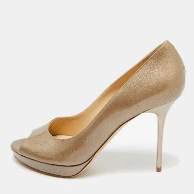 Jimmy Choo Metallic Gold Patent Leather Peep Toe Pumps