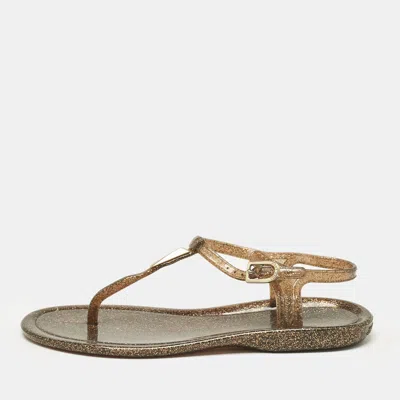 Pre-owned Jimmy Choo Metallic Gold Rubber T Strap Thong Flats Sandals Size 37