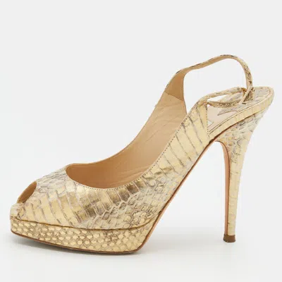 Jimmy Choo Metallic Gold Watersnake Platform Slingback Peep Toe Pumps