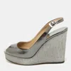Jimmy Choo Metallic Grey Leather Cork Platform Wedge Slingback Sandals In Gray