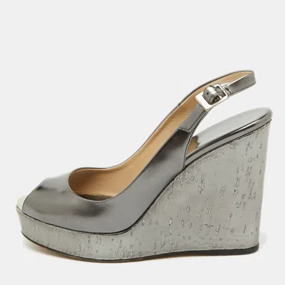 Pre-owned Jimmy Choo Metallic Grey Leather Cork Platform Wedge Slingback Sandals Size 37.5