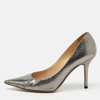 Pre-owned Jimmy Choo Metallic Grey Python Embossed Leather Pointed Toe Pumps Size 37