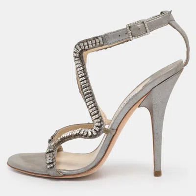 Pre-owned Jimmy Choo Metallic Grey Textured Suede Crystal Embellished Angel Sandals Size 38.5 In Silver