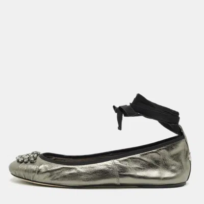 Pre-owned Jimmy Choo Metallic Leather Crystal Embellished Grace Ballet Flats Size 41 In Silver
