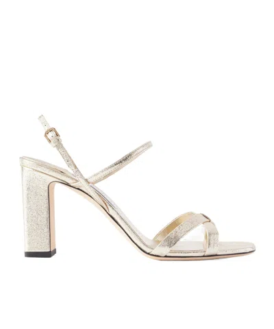 Jimmy Choo Elsy 85 Metallic Leather Sandals In Neutral
