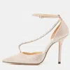 Jimmy Choo Metallic Lurex Fabric Talika Crystal Embellished Ankle Strap Pumps In Silver