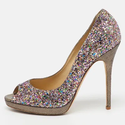 Jimmy Choo Metallic Multicolor Coarse Glitter Crown Peep Toe Platform Pumps