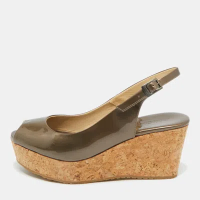 Pre-owned Jimmy Choo Metallic Patent Leather Prova Slingback Wedge Sandals Size 36.5 In Silver