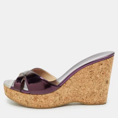 Jimmy Choo Metallic Purple Leather Perfume Wedge Sandals