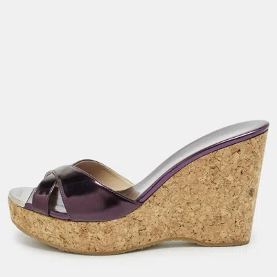 Pre-owned Jimmy Choo Metallic Purple Leather Perfume Wedge Sandals Size 40