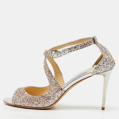 Pre-owned Jimmy Choo Metallic Silver Coarse Glitter Emily Open Toe Sandals Size 40