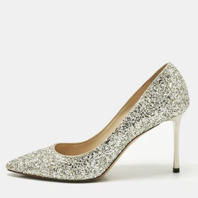Pre-owned Jimmy Choo Metallic Silver Coarse Glitter Romy Pointed Toe Pumps Size 38.5