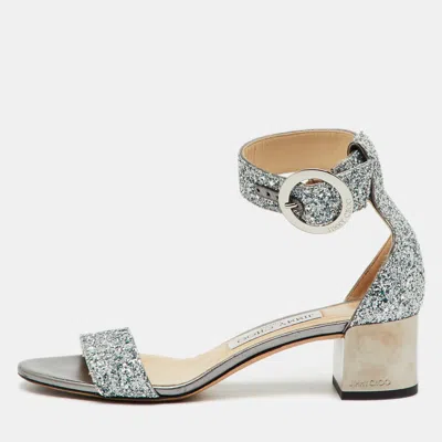 Jimmy Choo Metallic Silver Glitter Bitter Ankle Strap Sandals