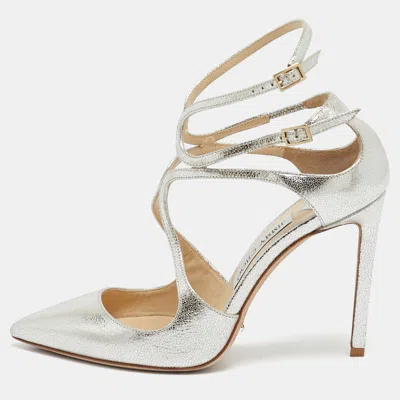 Pre-owned Jimmy Choo Metallic Silver Leather Lancer Ankle Strap Pumps Size 38