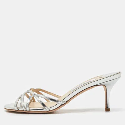 Pre-owned Jimmy Choo Metallic Silver Leather Open Toe Slide Sandals Size 38