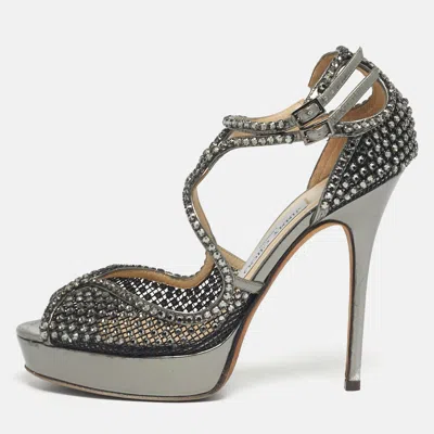Pre-owned Jimmy Choo Metallic Silver Mesh And Leather Crystal Embellished Ankle Strap Sandals Size 38