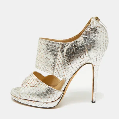 Pre-owned Jimmy Choo Metallic Silver Python Embossed Leather Private Peep Toe Sandals Size 40