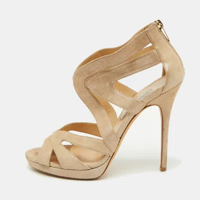 Pre-owned Jimmy Choo Metallic Suede Cutout Collar Peep Toe Sandals Size 39.5