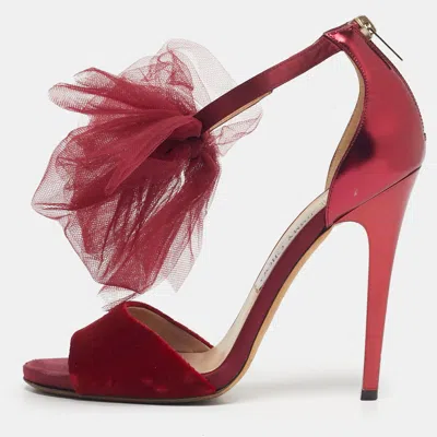 Jimmy Choo Metallic Velvet And Leather Ankle Strap Sandals In Red