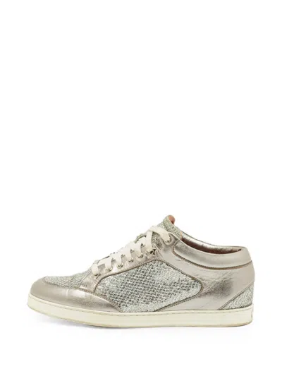 Pre-owned Jimmy Choo Miami Glitter Leather Sneakers In Silver