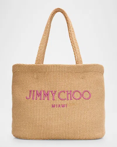Jimmy Choo Miami Logo Raffia Beach Tote Bag In Natdpink