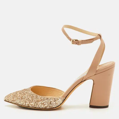 Pre-owned Jimmy Choo Micky Size 39.5 Beige Glitter And Leather Ankle Wrap Pumps In Sand