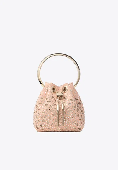 Jimmy Choo Micro Bon Bon Crystal Suede Bucket Bag In Pink