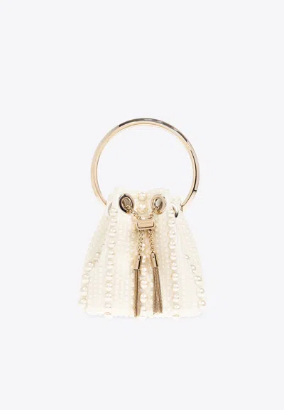 Jimmy Choo Micro Bon Bon Pearl Embellished Handbag In White