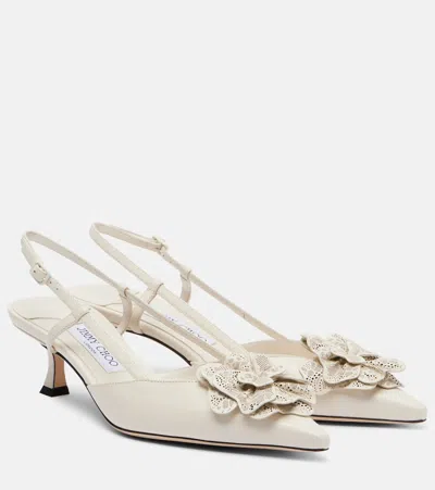 Jimmy Choo Latte Shiny Nappa Leather Slingbacks With Lace Corsage In Multi