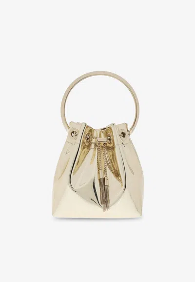 Jimmy Choo Mini Bon Bon Mirrored Leather Bucket Bag In Gold