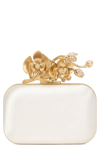 Jimmy Choo Mini Clutch Cloud In Satin With Golden Floral Detail In White