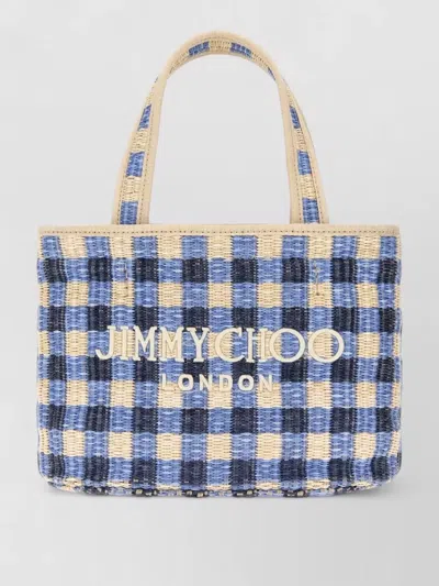 Jimmy Choo Mini Raffia Beach Tote Checkered Pattern Dual Handles In Blue