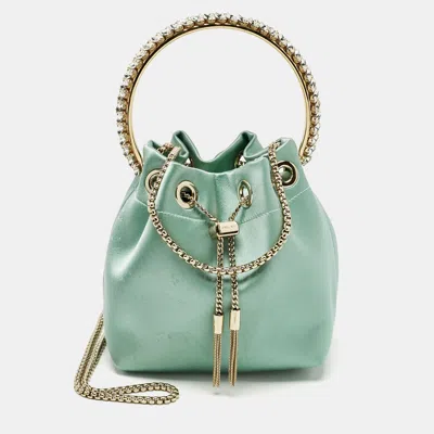 Pre-owned Jimmy Choo Mint Green Satin Crystals Bon Bon Bucket Bag