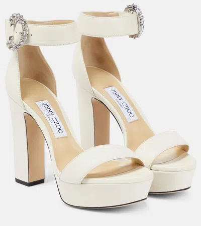 Jimmy Choo White Mionne 120 Leather Platform Sandals In Latte Crystal