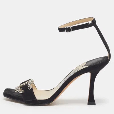Pre-owned Jimmy Choo Mischa Size 35 Black Suede Crystal Embellished Ankle Strap Sandals