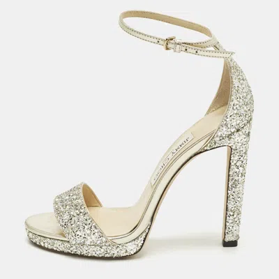 Pre-owned Jimmy Choo Misty Size 37 Metallic Glitter Ankle Strap Sandals In Silver
