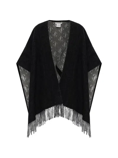Jimmy Choo Monogram-pattern Fringed Poncho In Black