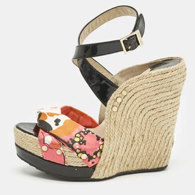 Pre-owned Jimmy Choo Multicolor Canvas And Patent Leather Wedge Sandals Size 38