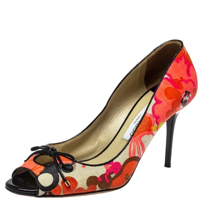 Jimmy Choo Multicolor Floral Print Canvas Bow Peep Toe Pumps In Red