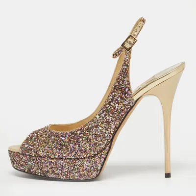Jimmy Choo Multicolor Glitter Accents Peep Toe Slingback Pumps