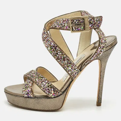 Jimmy Choo Multicolor Glitter And Leather Platform Ankle Strap Sandals In Gold