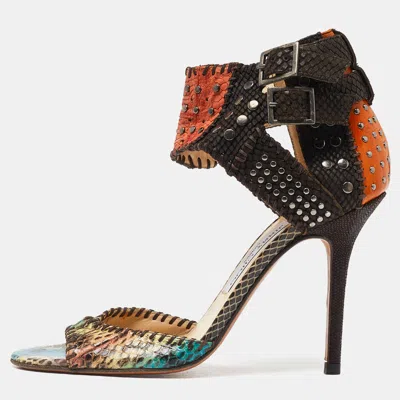 Pre-owned Jimmy Choo Multicolor Python Leather Studded Ankle Cuff Sandals Size 39