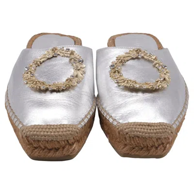 Pre-owned Jimmy Choo Nadene Flat Espadrilles In Silver Leather