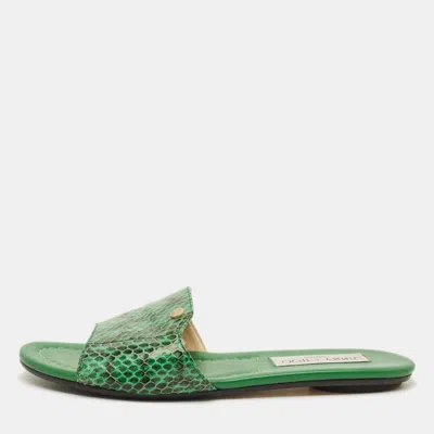 Pre-owned Jimmy Choo Nanda Size 35.5 Green Snakeskin Leather Flat Slides