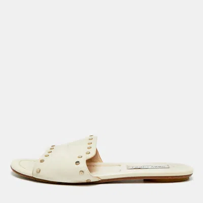 Pre-owned Jimmy Choo Nanda Size 39 Cream Leather Studded Flat Slides In White