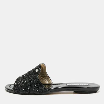 Pre-owned Jimmy Choo Nanda Size 39.5 Black Glitter Flat Slides
