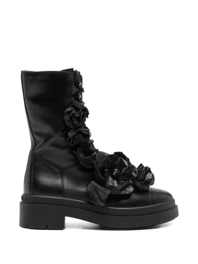 Pre-owned Jimmy Choo Nari Flower-appliqué Combat Boots In Black