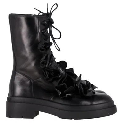 JIMMY CHOO NARI FLOWERS COMBAT BOOTIES IN BLACK LEATHER