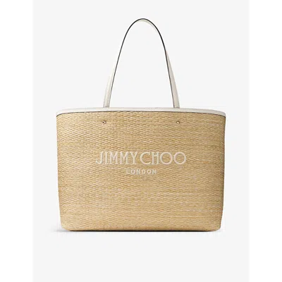 JIMMY CHOO MARLI LOGO-EMBROIDERED RAFFIA TOTE BAG